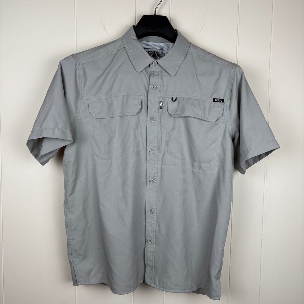 Eddie Bauer Mens Gray Ripstop Short Sleeve Fishing Hiking Shirt Medium